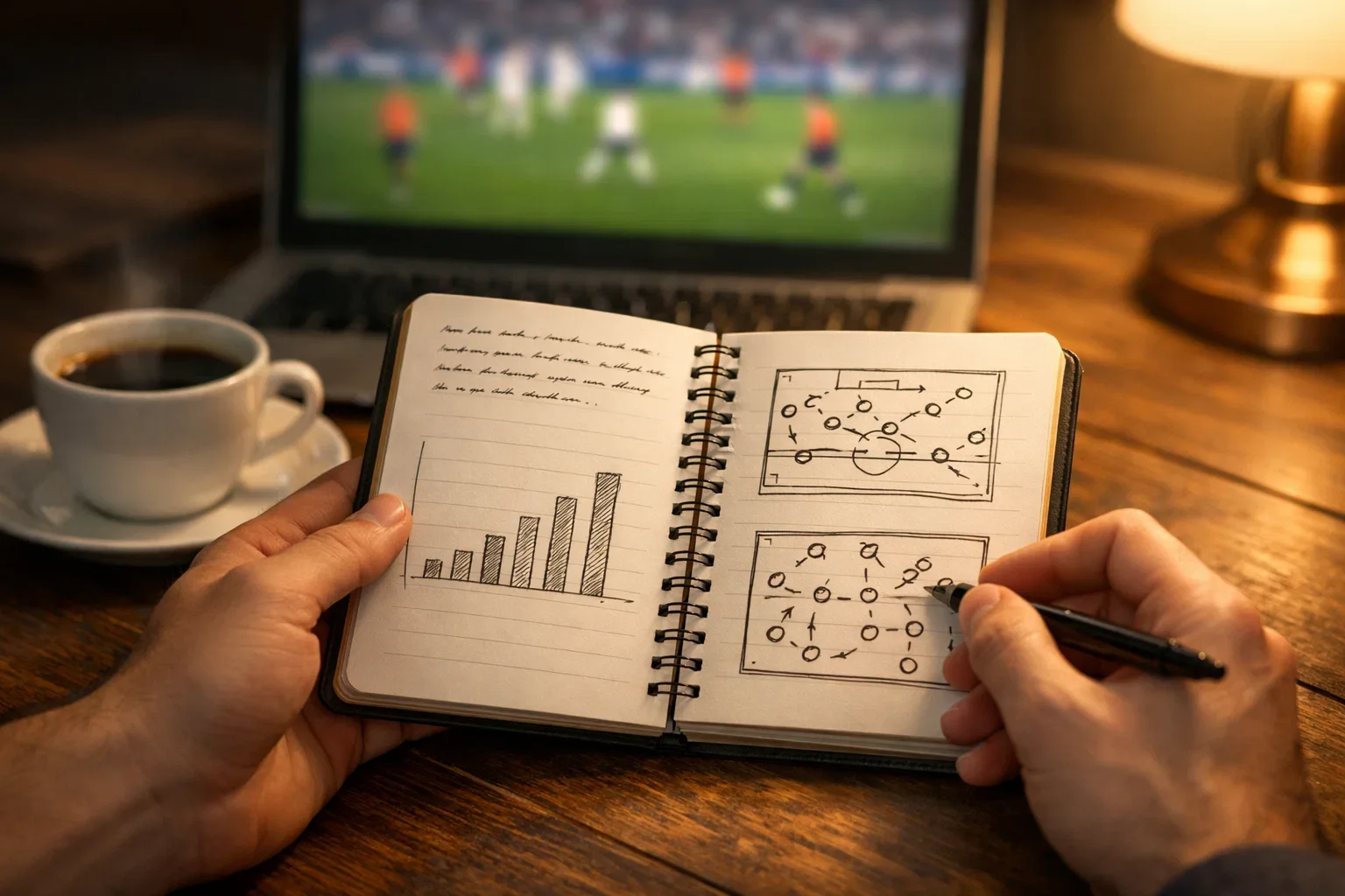 Persona che analizza dati di una partita di Bundesliga con appunti e grafico