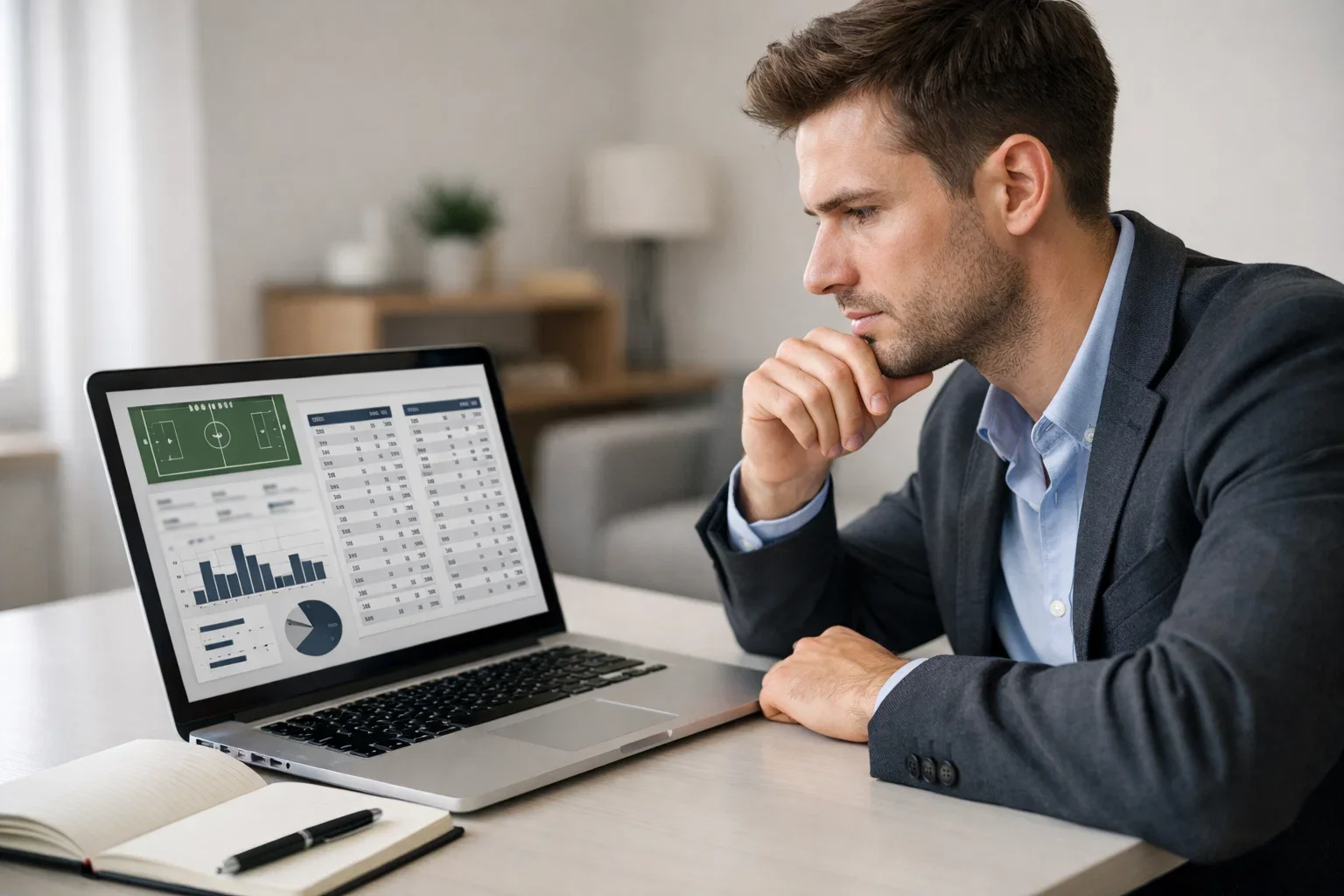 Persona che analizza statistiche calcistiche su laptop con appunti