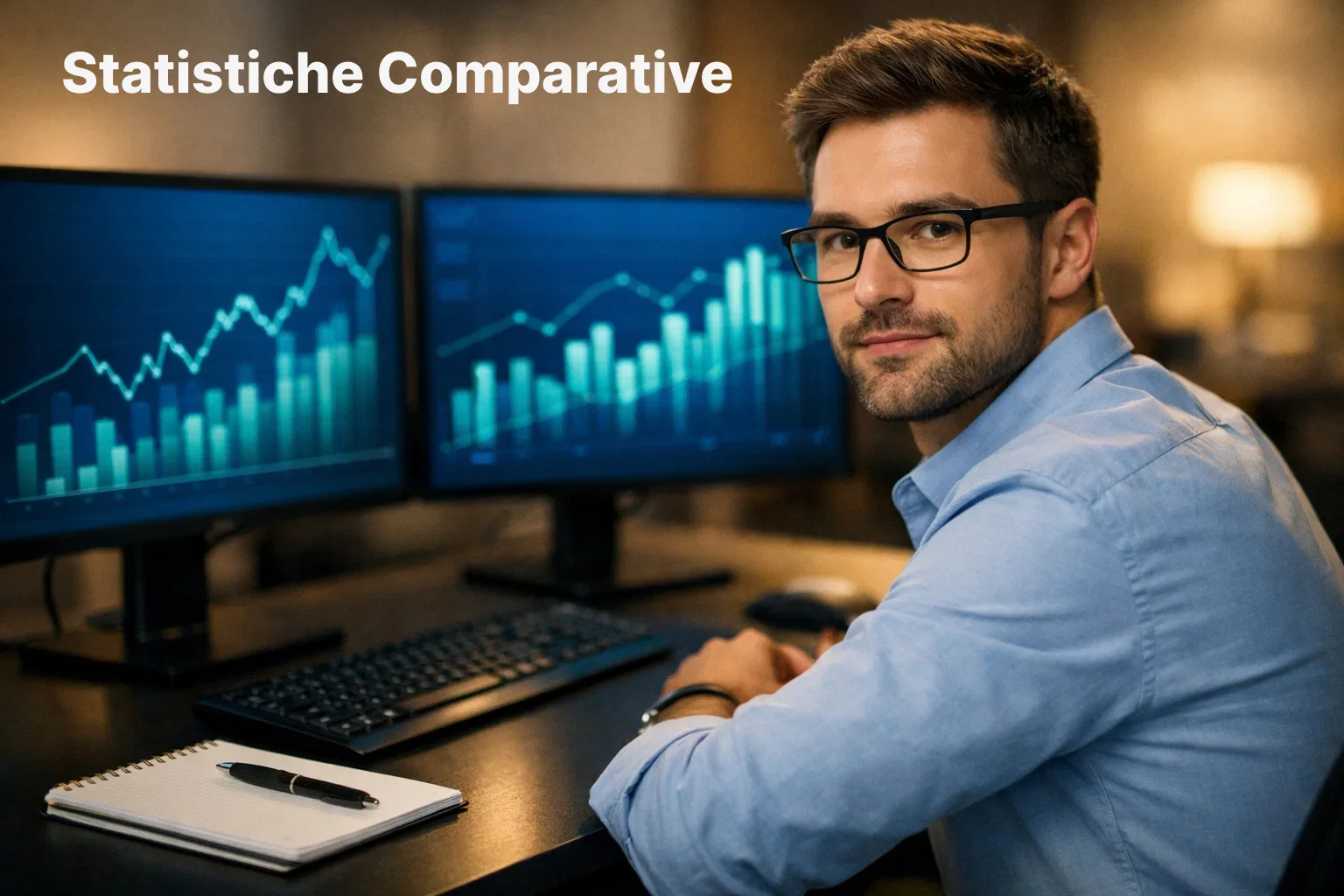 Analista sportivo che studia statistiche su schermo con grafici di rendimento