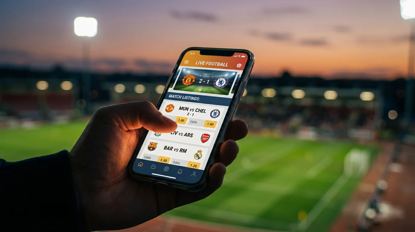 Mano che tiene uno smartphone con un'app di scommesse sportive davanti a uno stadio di calcio