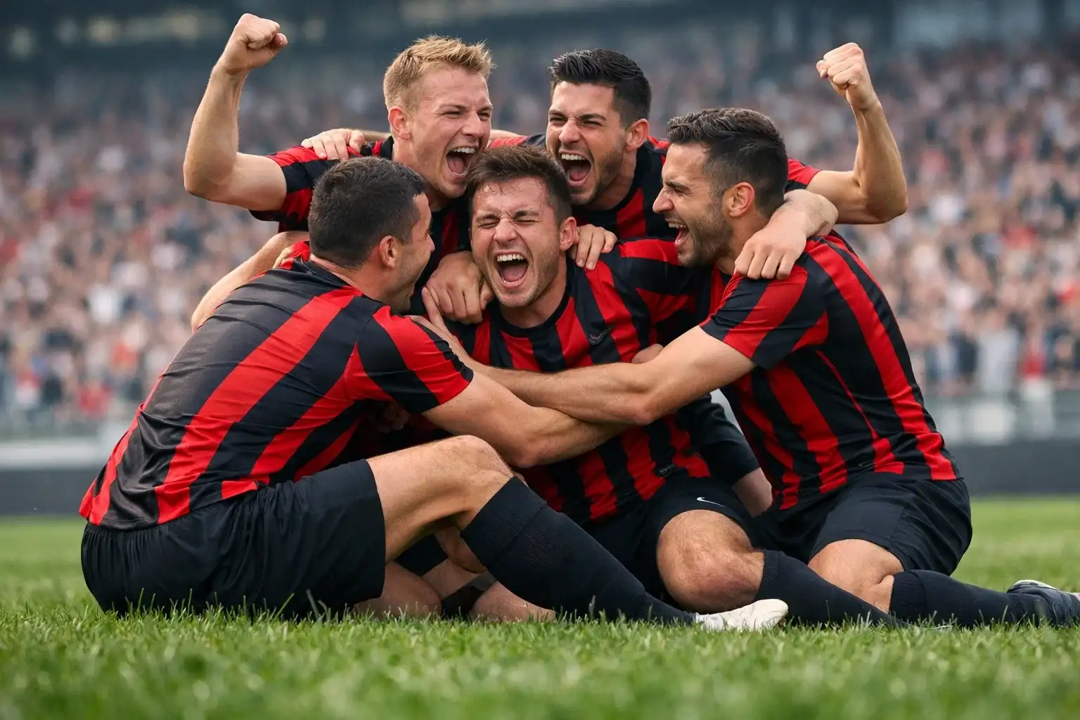 Giocatori del Bayer Leverkusen che festeggiano un gol abbracciandosi
