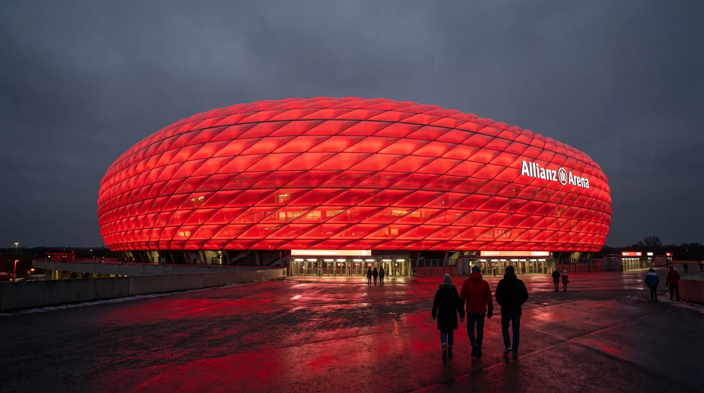 L'Allianz Arena di Monaco illuminata di rosso durante una partita serale del Bayern Monaco