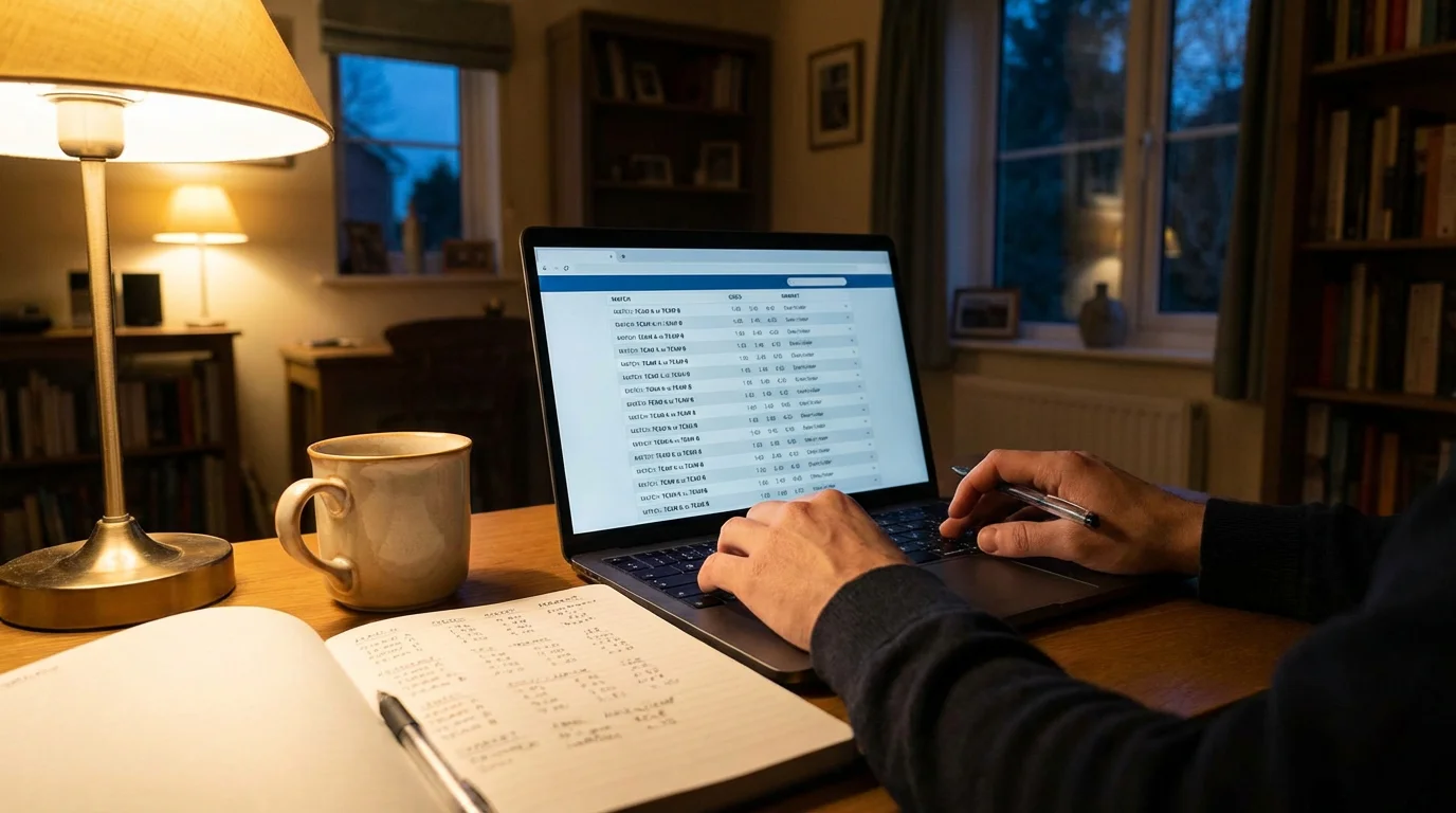 Persona che analizza quote di scommesse sulla Bundesliga su un laptop in un ambiente domestico