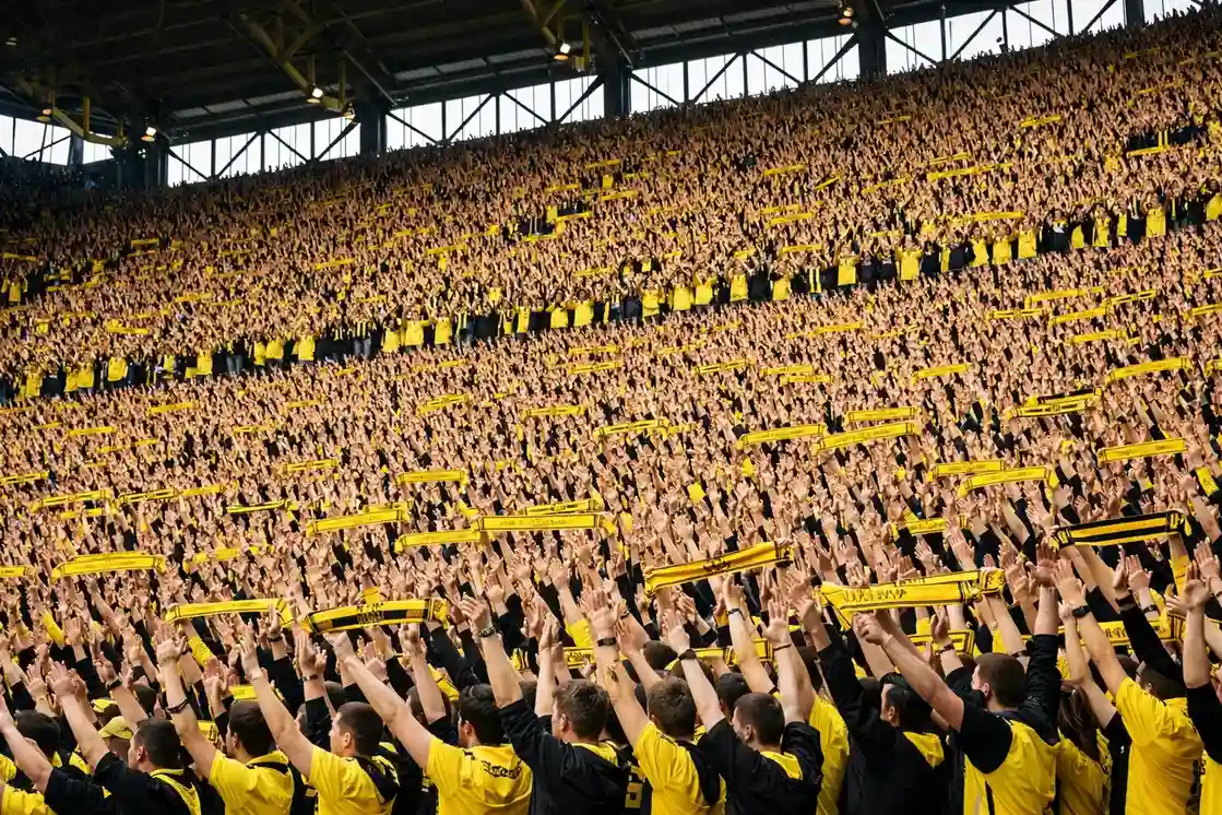 Südtribüne del Borussia Dortmund con tifosi in maglia gialla che esultano