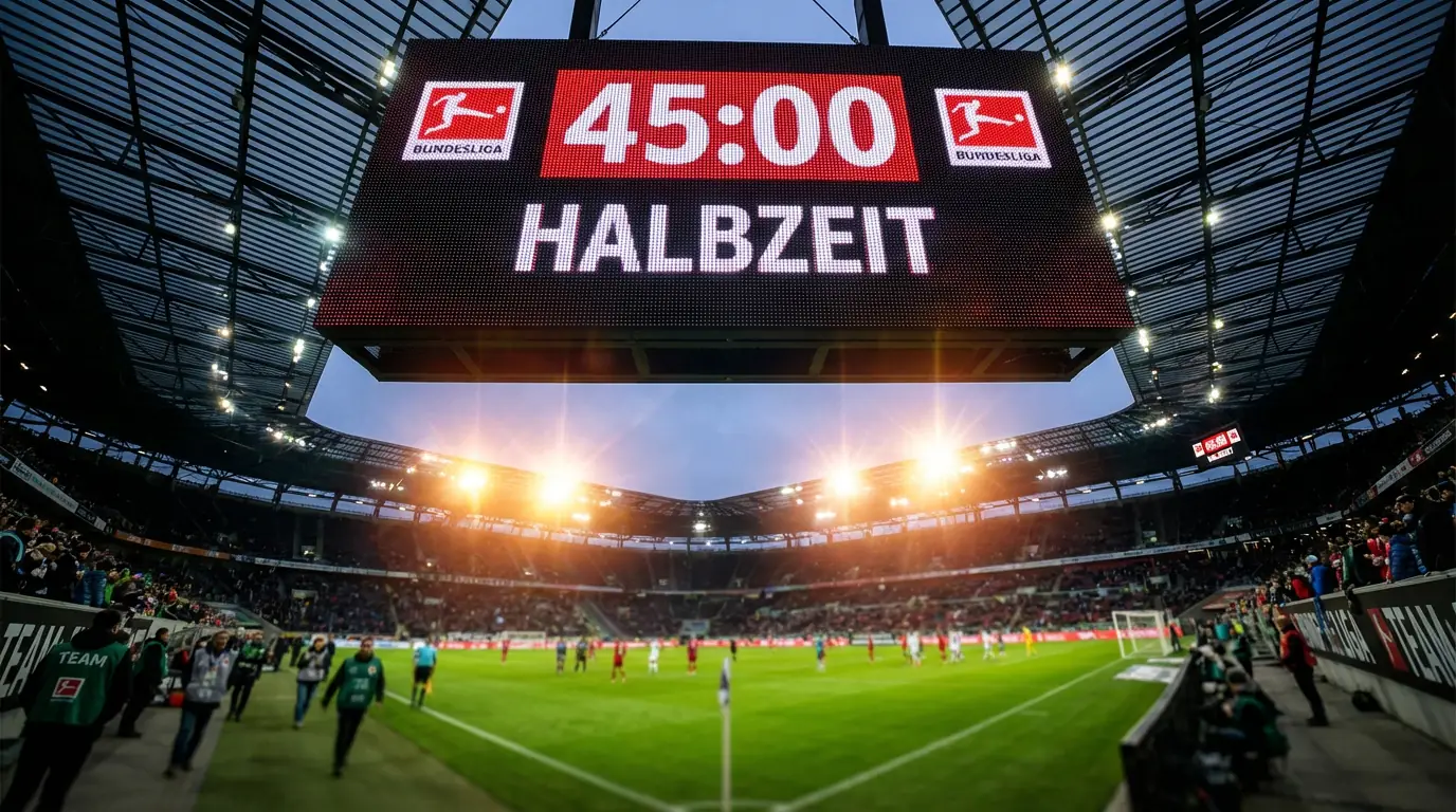 Orologio dello stadio che segna il quarantacinquesimo minuto durante una partita di Bundesliga
