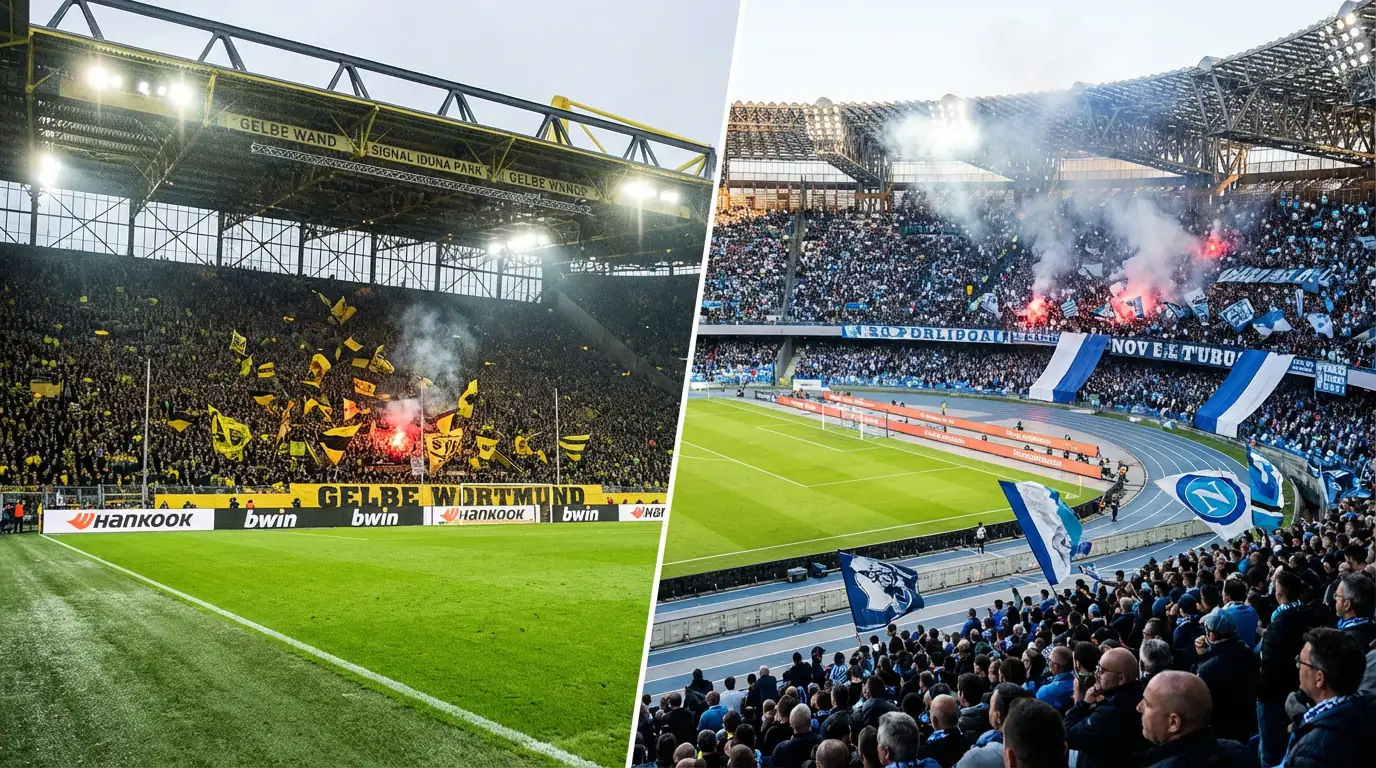 Due stadi di calcio affiancati che rappresentano il confronto tra Bundesliga tedesca e Serie A italiana