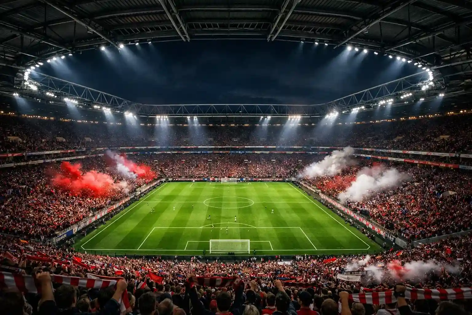 Stadio della Bundesliga gremito di tifosi durante una partita serale