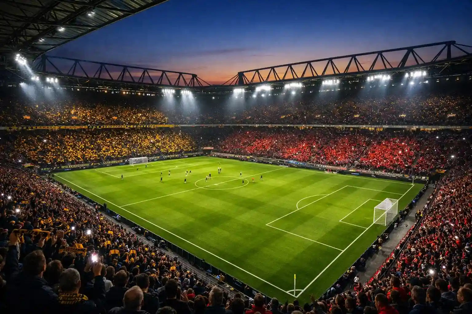 Stadio della Bundesliga con tifosi in tribuna durante una partita di calcio tedesco