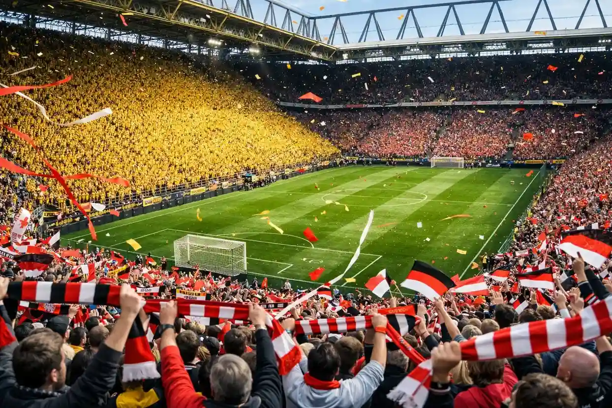 Stadio tedesco gremito di tifosi con striscioni e bandiere colorate