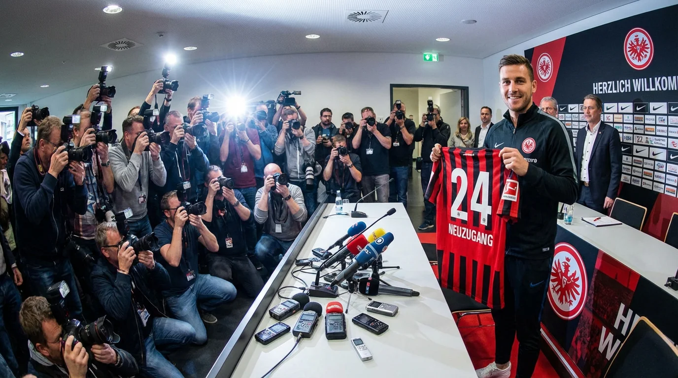 Giocatore di calcio che indossa per la prima volta la maglia di una nuova squadra tedesca allo stadio
