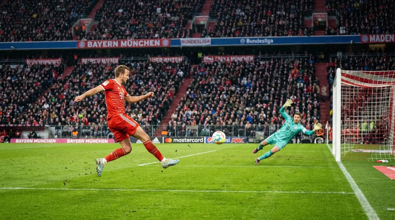 Attaccante di calcio che calcia verso la porta durante una partita di Bundesliga in uno stadio pieno