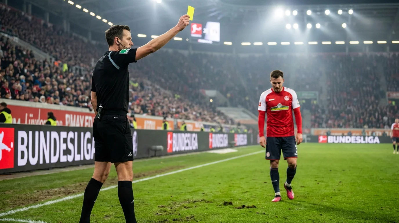 Arbitro di calcio che mostra un cartellino giallo a un giocatore durante una partita di Bundesliga