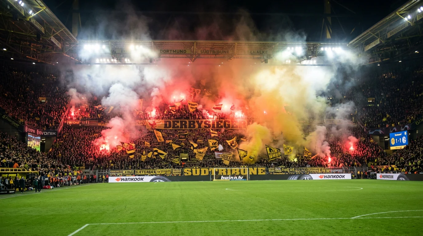 Curva di tifosi con fumogeni e bandiere durante un derby di Bundesliga in uno stadio tedesco