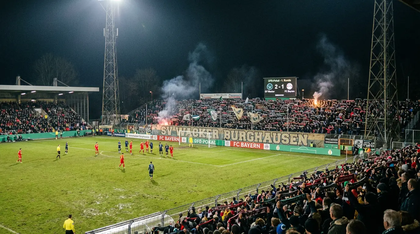Stadio piccolo e pieno di tifosi con bandiere durante una partita di Coppa di Germania DFB-Pokal