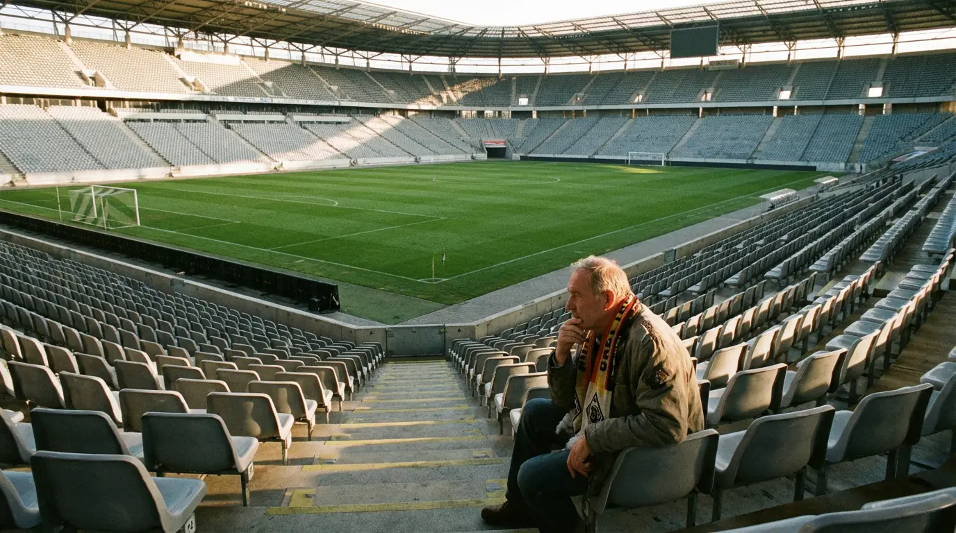 Tifoso pensieroso seduto sugli spalti di uno stadio tedesco vuoto con il campo da calcio sullo sfondo