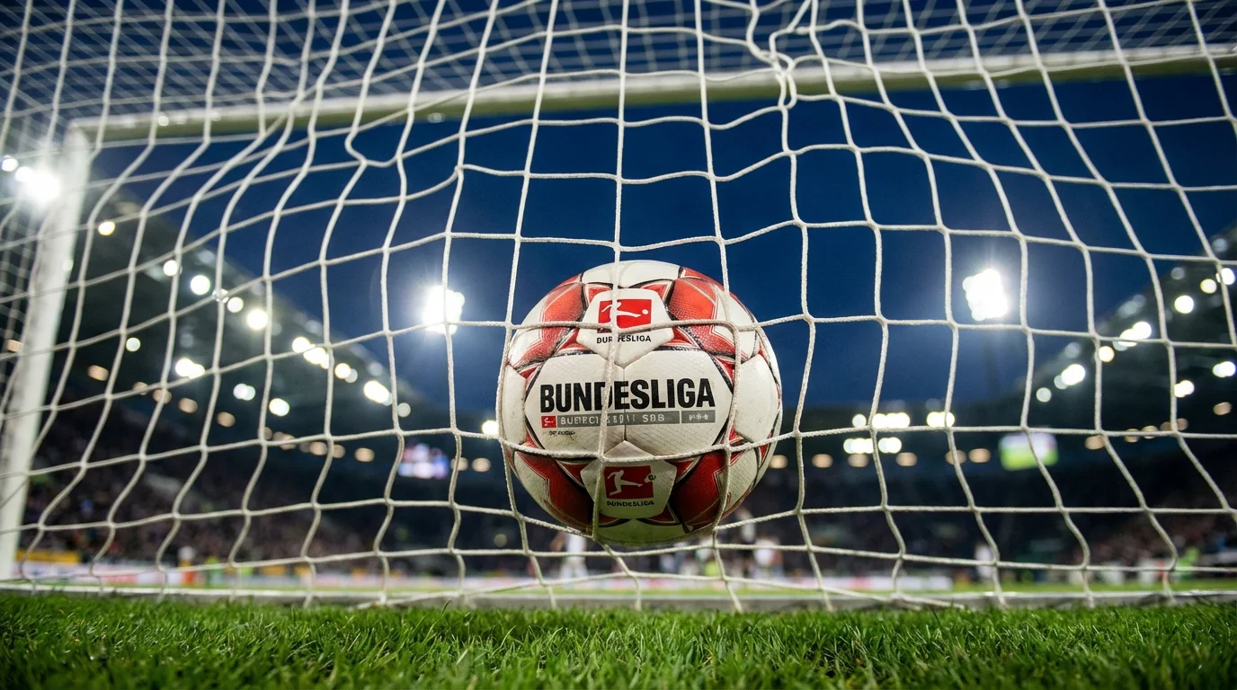 Vista ravvicinata della porta di calcio con il pallone che entra in rete durante una partita di Bundesliga