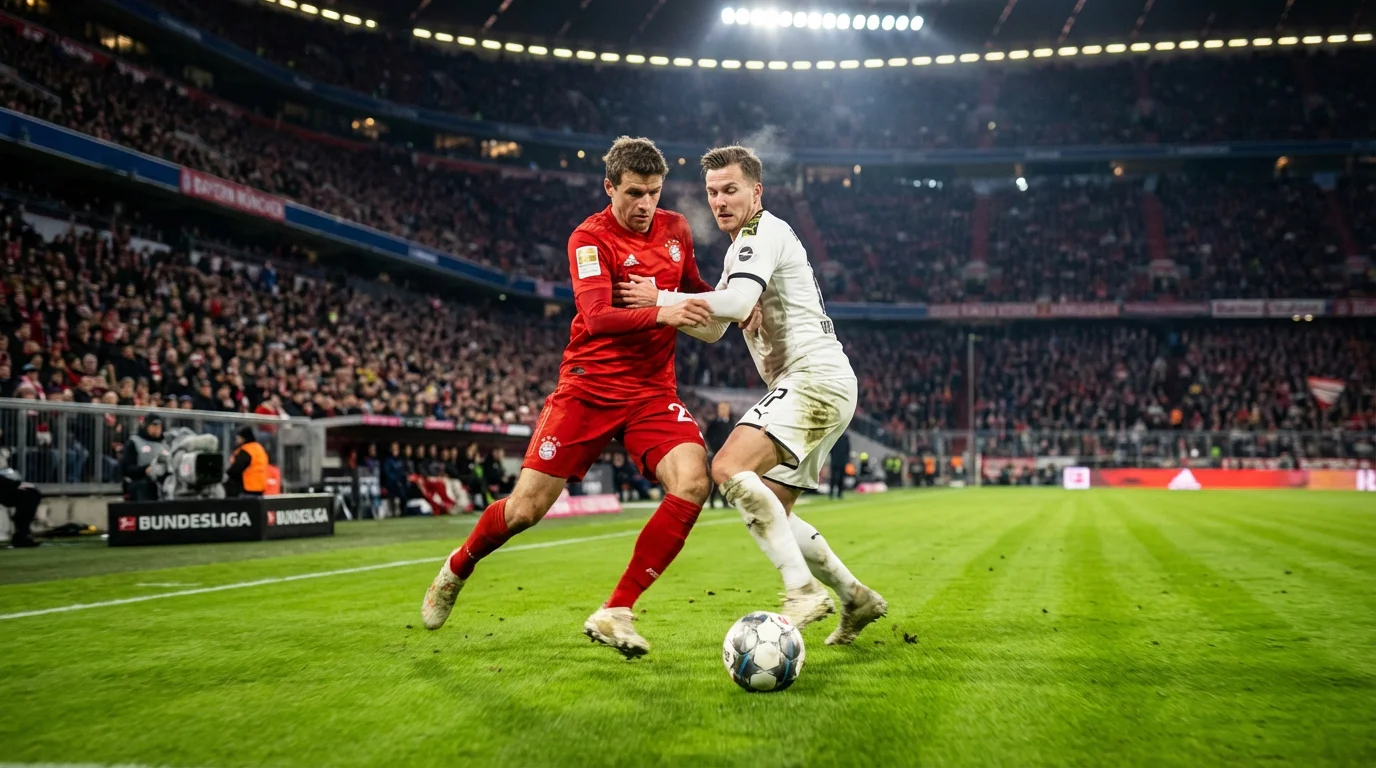 Giocatori di calcio in azione su un campo di Bundesliga durante un contrasto a centrocampo