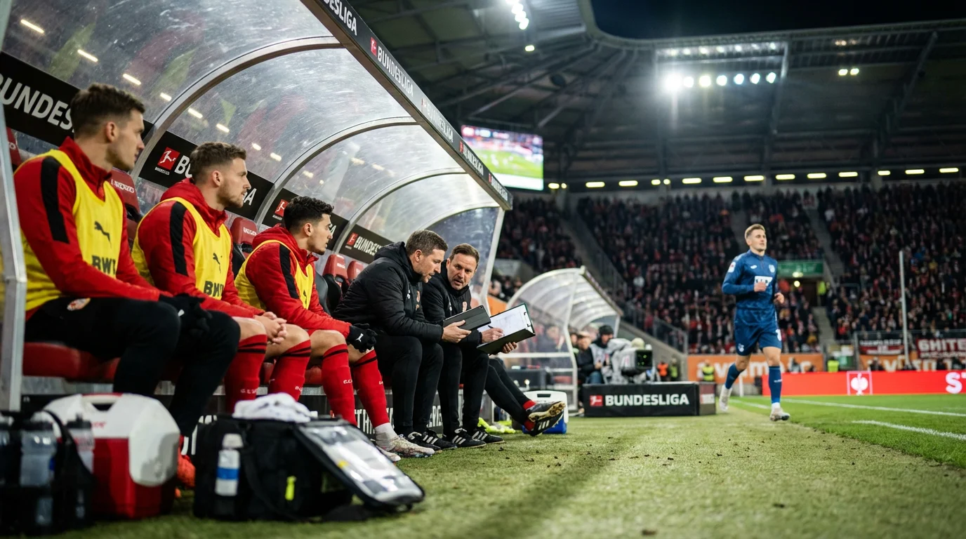 Panchina di una squadra di Bundesliga con giocatori e staff tecnico durante una partita di campionato