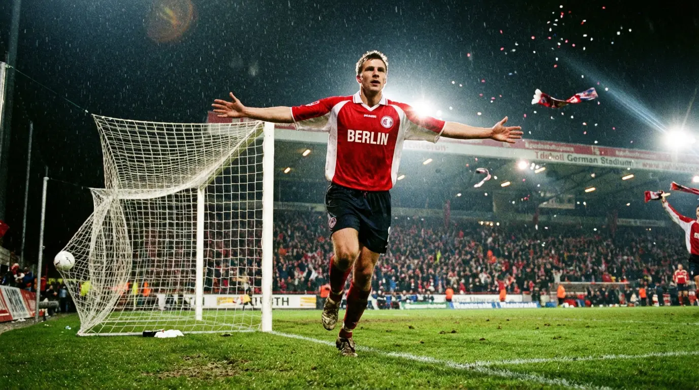 Attaccante di calcio che esulta dopo un gol sotto i riflettori di uno stadio tedesco pieno di tifosi