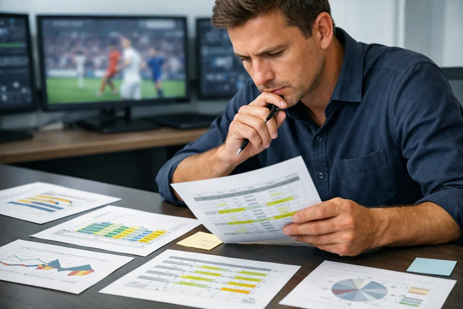 Analista sportivo che lavora con documenti e statistiche delle partite