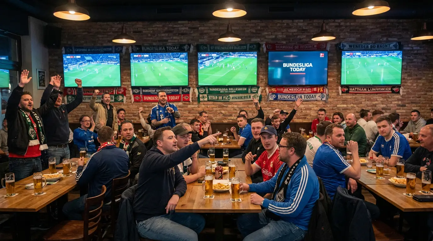 Tifosi tedeschi che guardano più partite di Bundesliga contemporaneamente su schermi in un locale