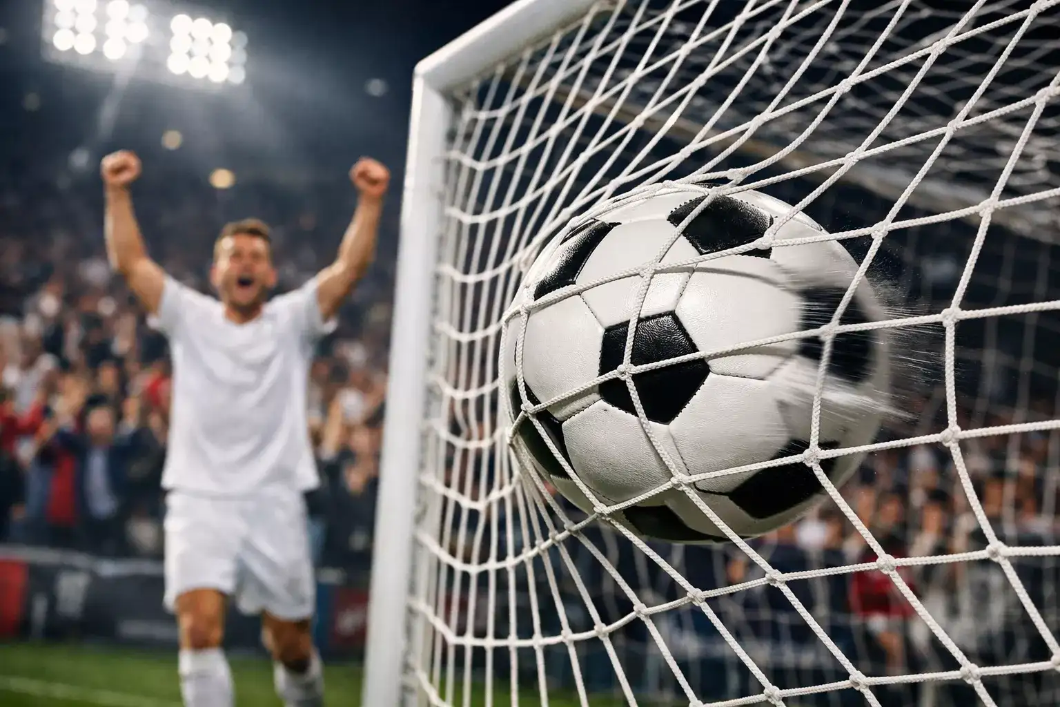 Momento dinamico di un gol nella Bundesliga con esultanza del giocatore