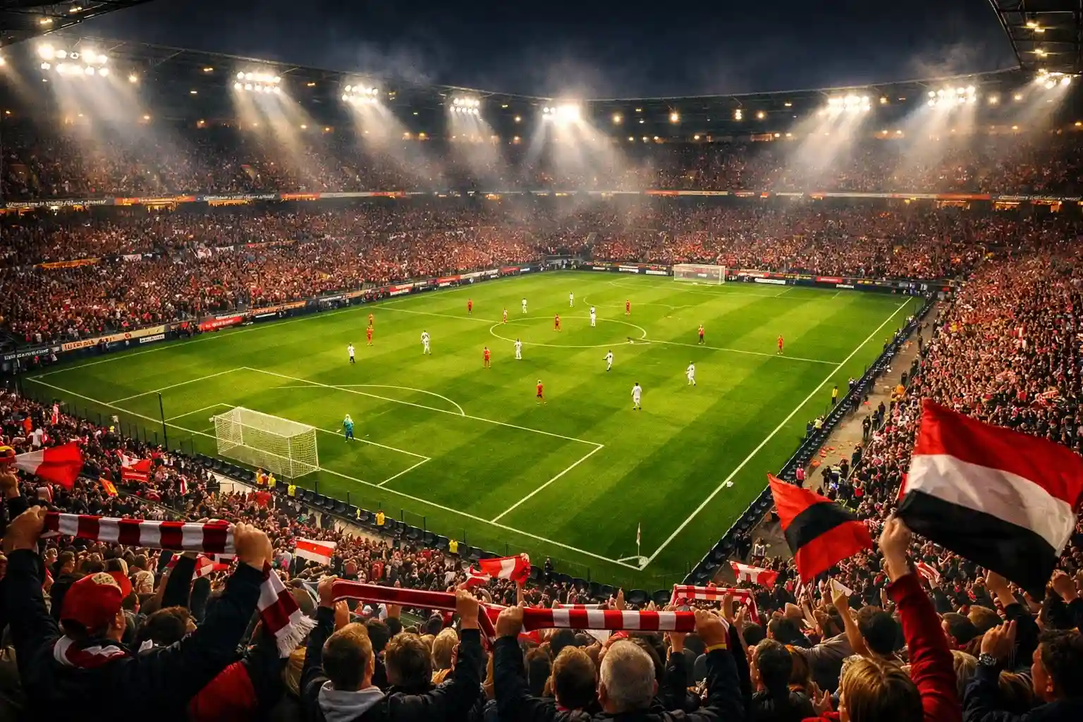 Stadio della Bundesliga con atmosfera vibrante durante una partita serale