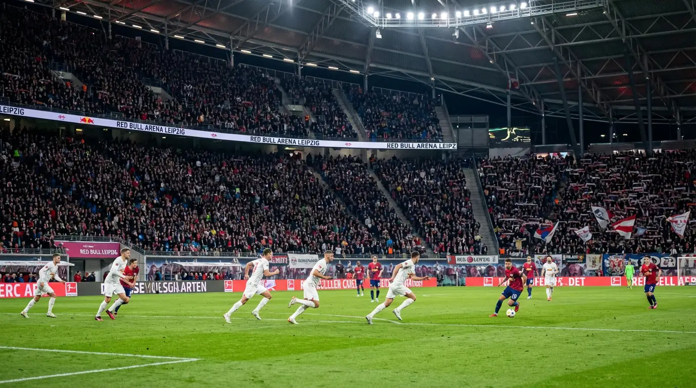 Giocatori del RB Leipzig in azione durante una partita alla Red Bull Arena con il pubblico sugli spalti