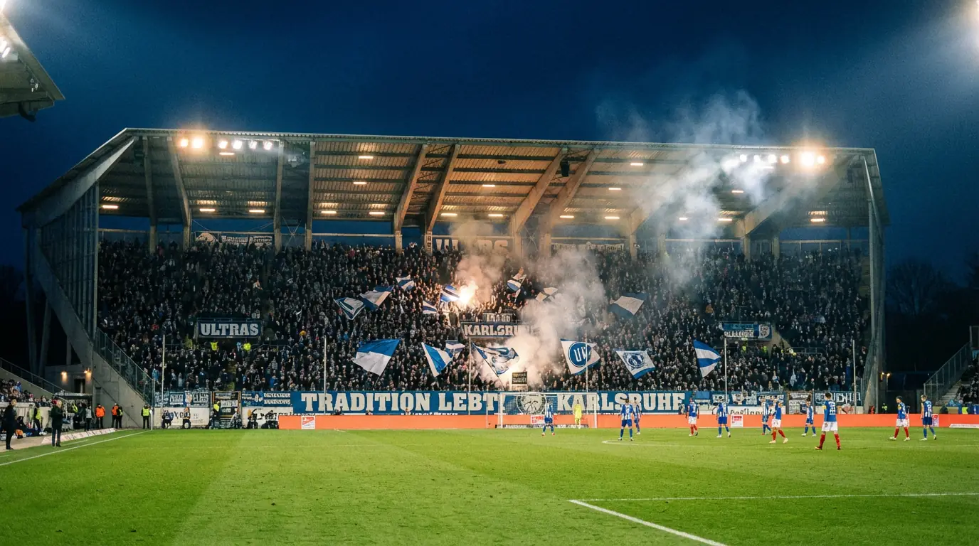 Stadio tedesco di seconda divisione pieno di tifosi con striscioni colorati durante una partita serale