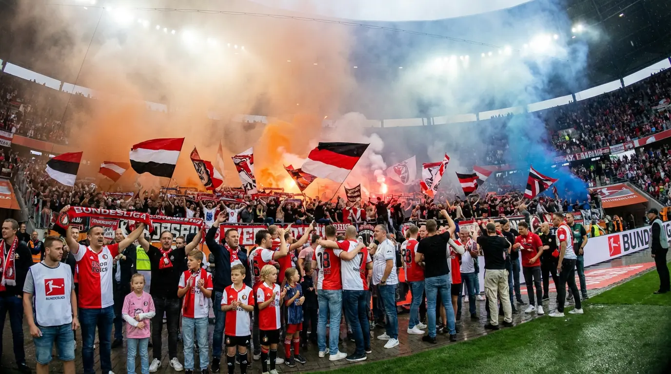 Tifosi che festeggiano sugli spalti di uno stadio tedesco con bandiere e fumogeni colorati