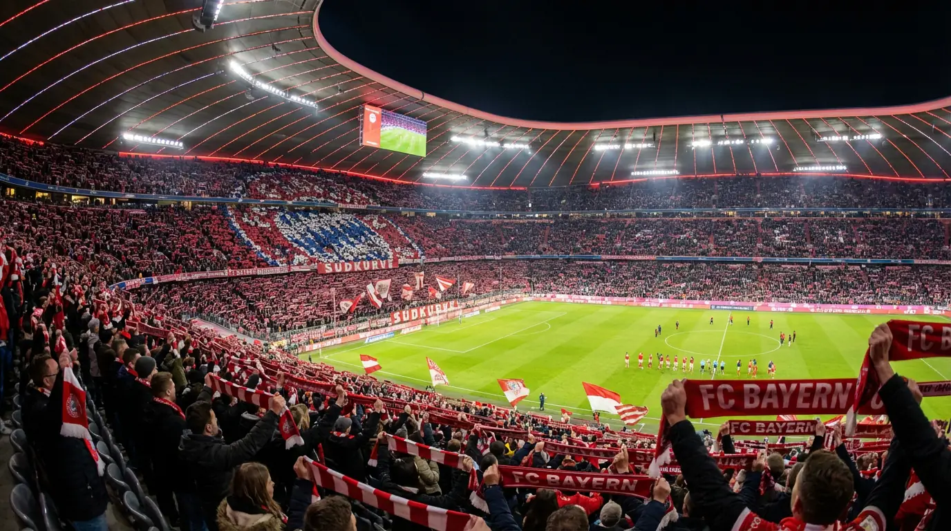 Panoramica di uno stadio della Bundesliga pieno di tifosi con bandiere e sciarpe colorate
