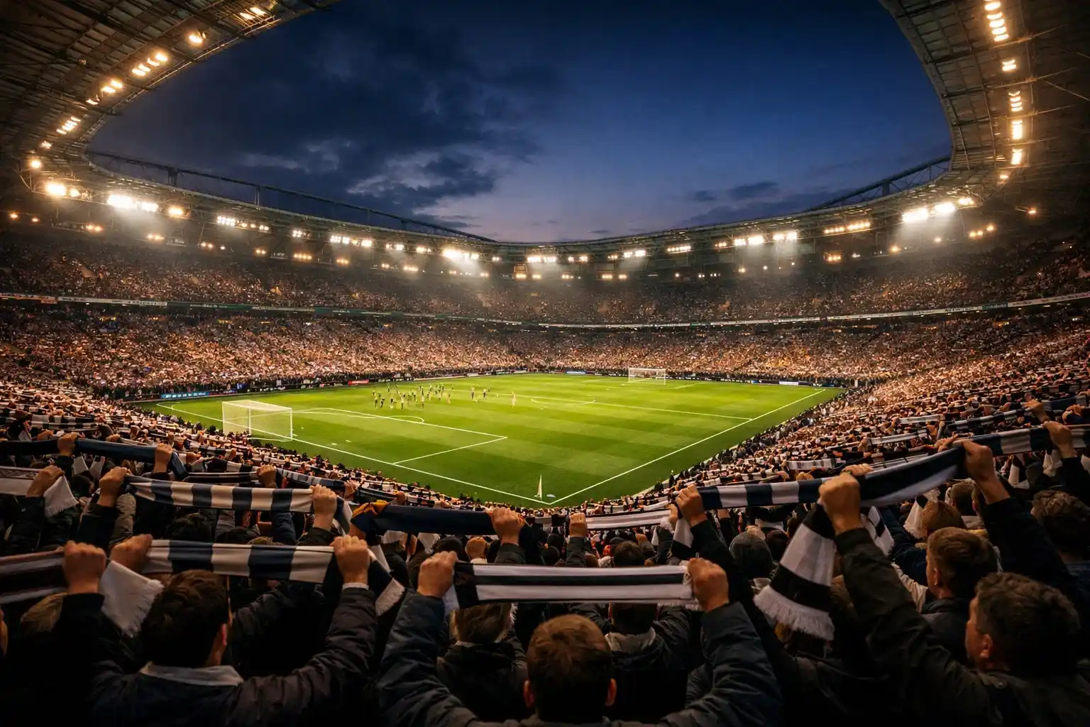 Atmosfera vibrante allo stadio durante una partita serale di Bundesliga
