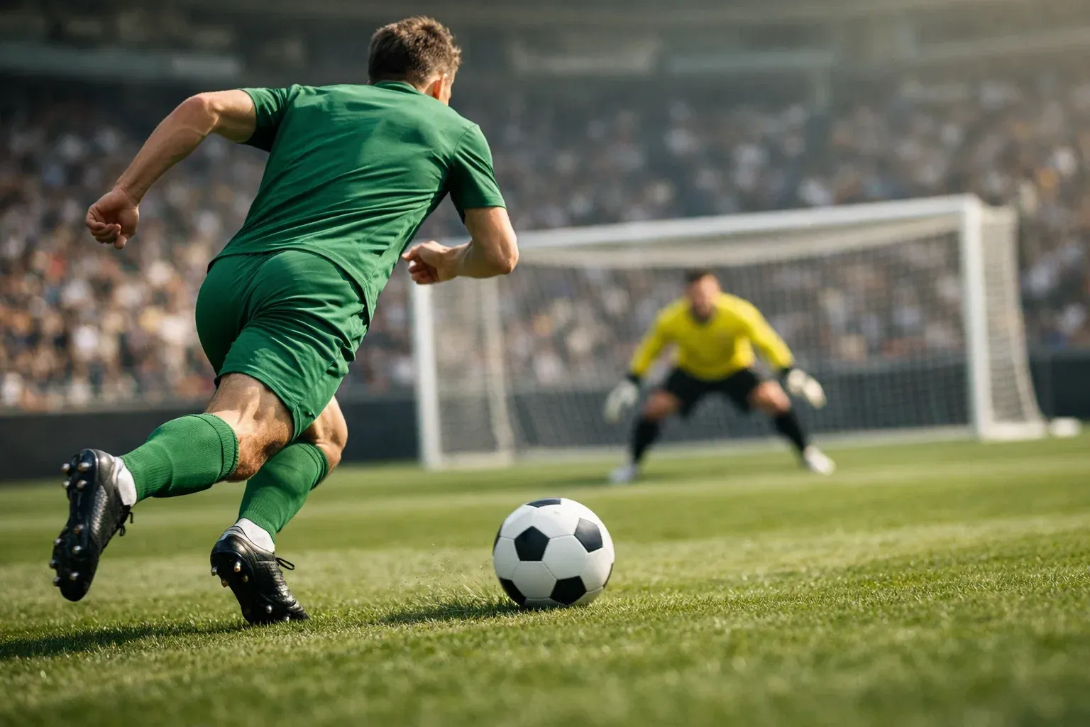 Attaccante in corsa verso la porta durante un contropiede in Bundesliga