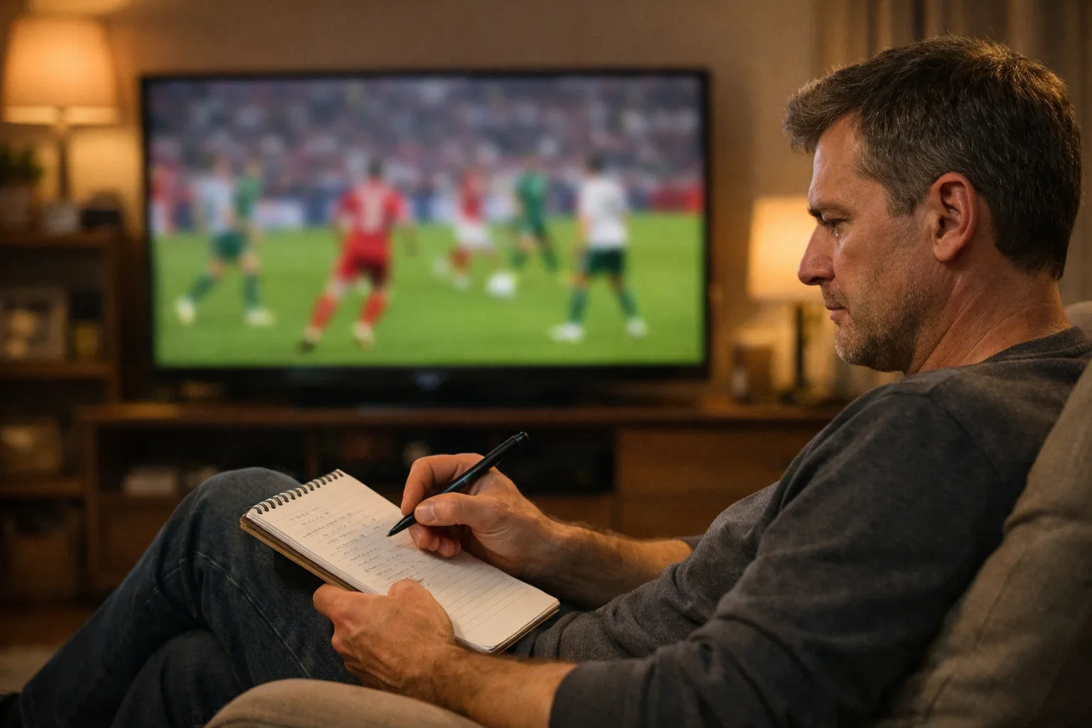 Persona prende appunti mentre guarda una partita di calcio in televisione