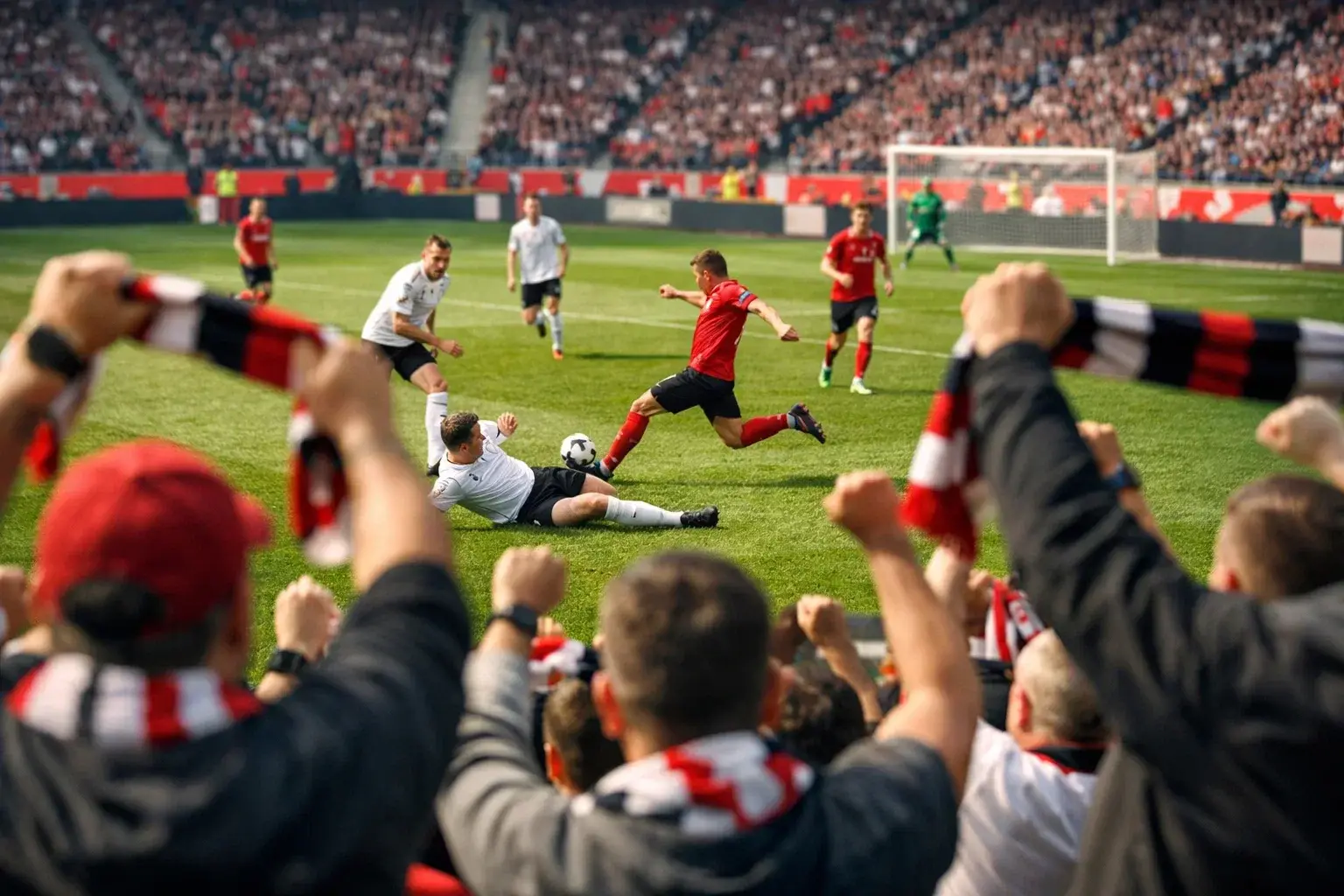 Partita di Bundesliga in corso con tifosi sugli spalti