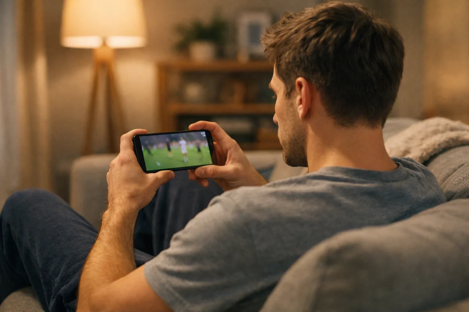 Tifoso segue la partita di Bundesliga in diretta sullo smartphone