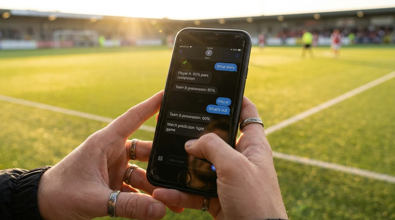 Persona che legge analisi sportive sullo smartphone con un campo di calcio sfocato sullo sfondo